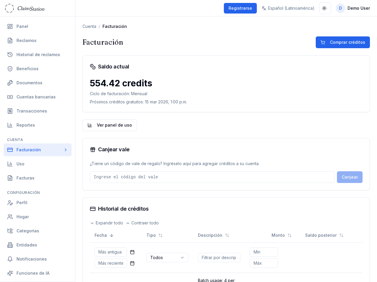 Página de facturación de ClaimStation